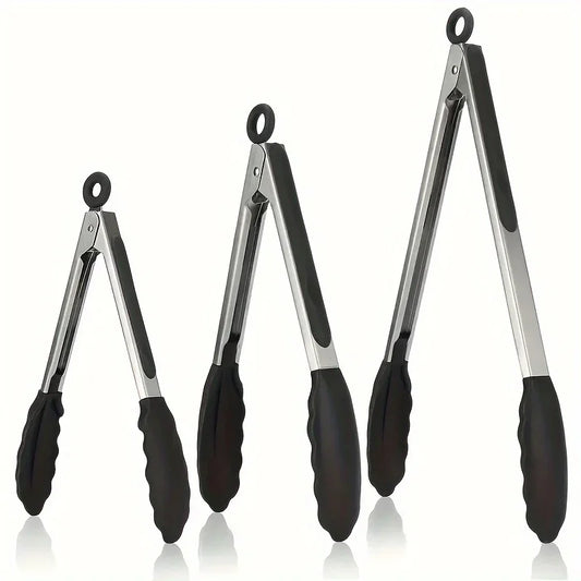 Heavy Duty Stainless Steel Kitchen Tongs - Heat Resistant Silicone Tips with Locking Secure Grip Design