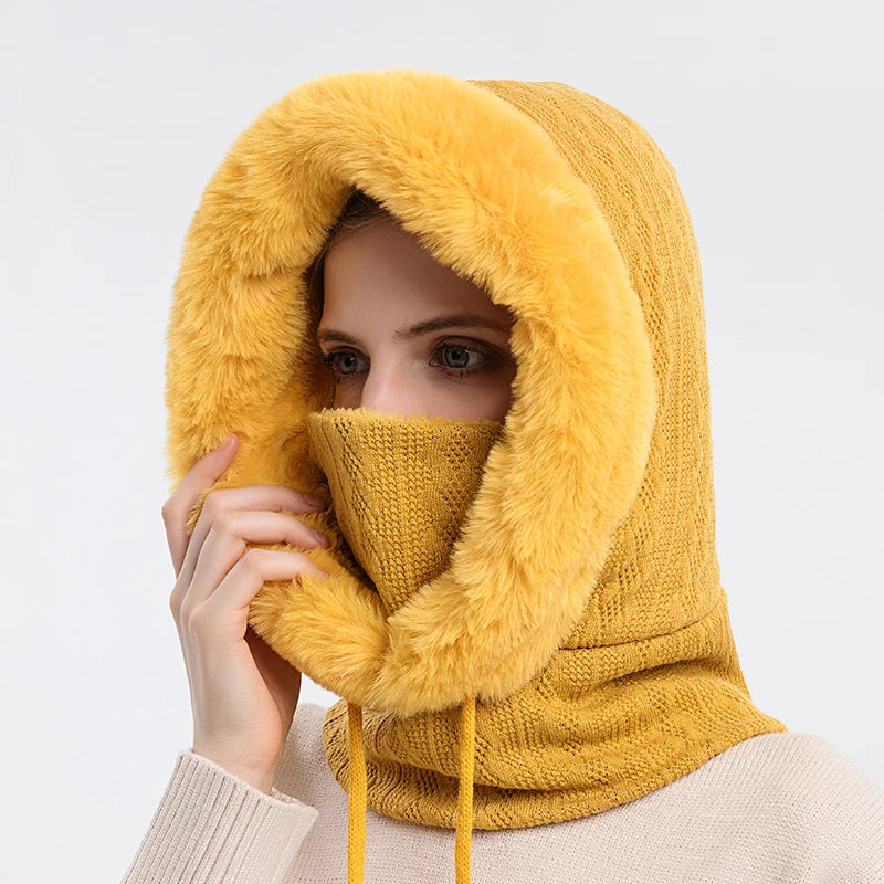 Winter Fur Cap Mask Set – Hooded Knitted Cashmere Neck Warmer, Plush Windproof Balaclava Ski Beanie for Women