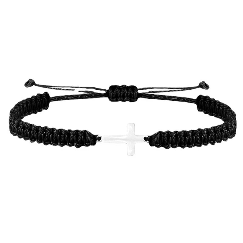 Adjustable Stainless Steel Cross Bracelet with Handwoven Colored Cord – Unisex Couple Friendship Jewelry