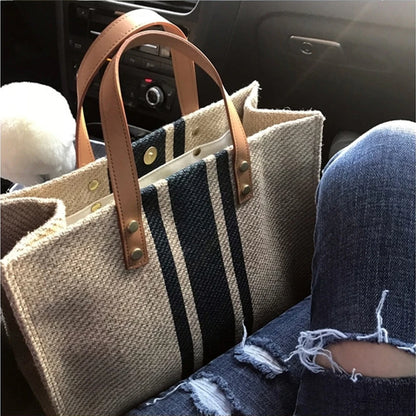 Stylish Canvas Bucket Handbag - Striped, Large Capacity Tote with Top Handle - Casual Shoulder & Crossbody Bag for Women