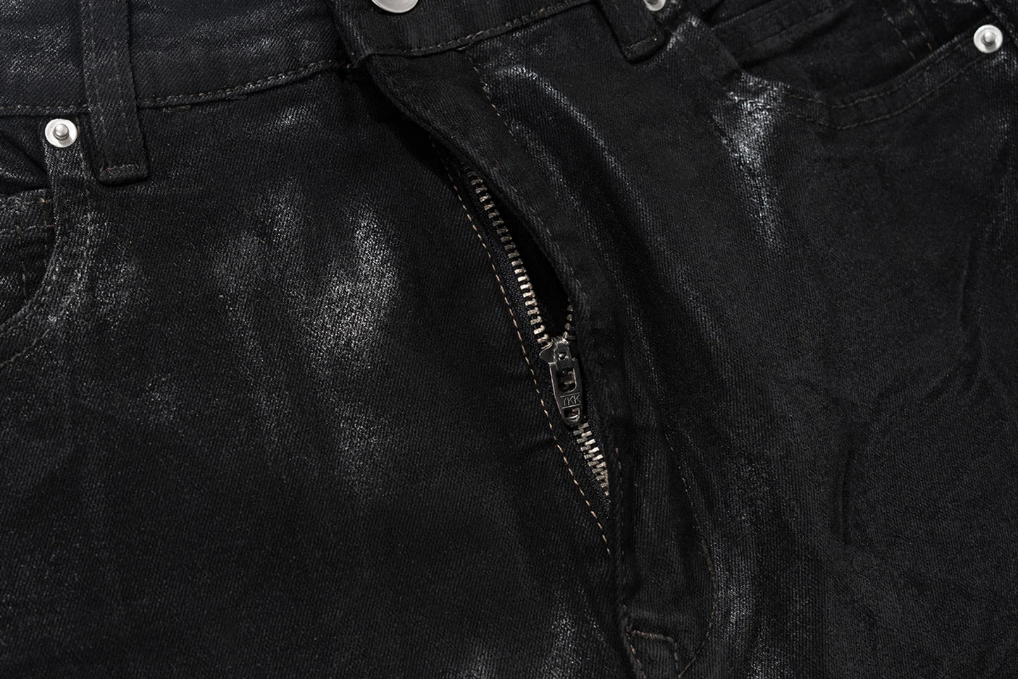 Men’s Streetwear Black Wax Leather Stretch Jeans — Baggy Y2K Flare Oversized Straight Denim Trousers