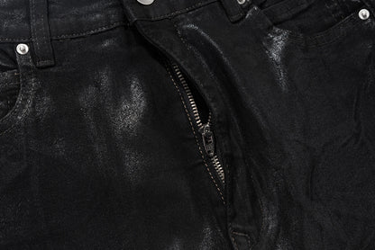 Men’s Streetwear Black Wax Leather Stretch Jeans — Baggy Y2K Flare Oversized Straight Denim Trousers