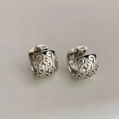 PANJBJ925 Sterling Silver Hoop Earrings - Frosted Geometric Design Fashion Jewelry Gift for Women