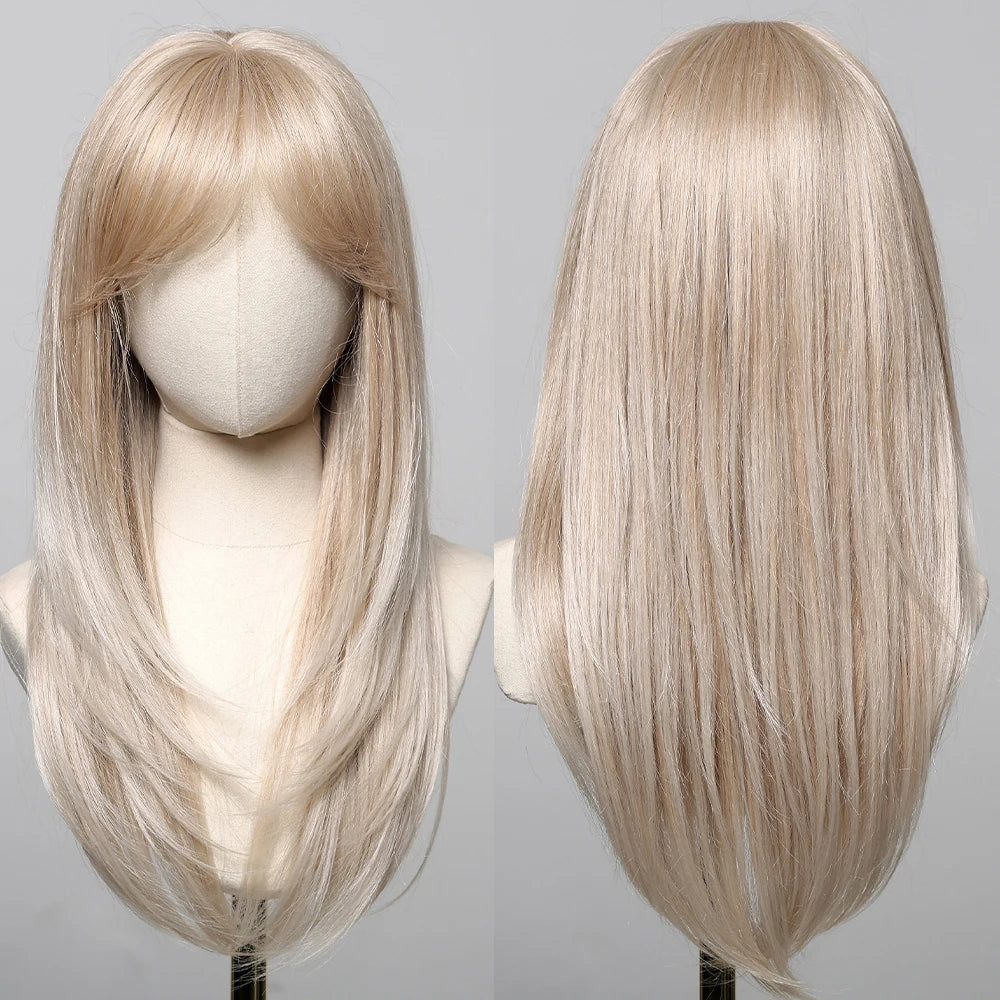 ALAN EATON Blonde Layered Synthetic Wig with Bangs – Long Straight Heat-Resistant Wig for Women & Girls, Natural Daily Hair