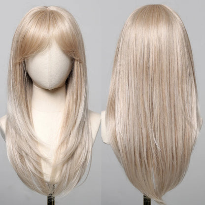 ALAN EATON Blonde Layered Synthetic Wig with Bangs – Long Straight Heat-Resistant Wig for Women & Girls, Natural Daily Hair