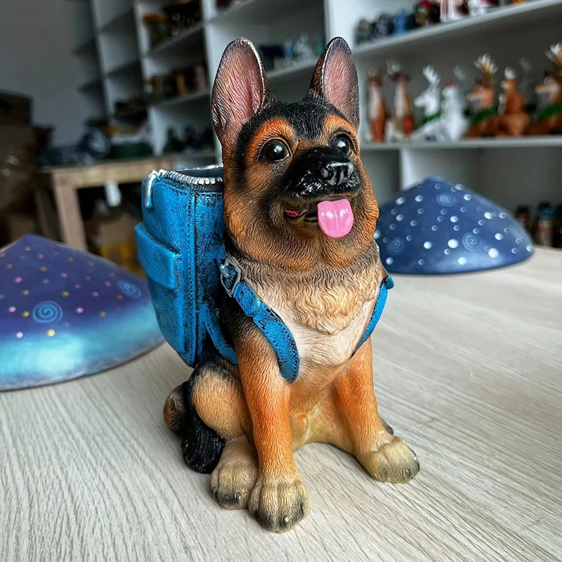 Creative Dog Desk Pencil Holder – Resin German Shepherd Pen Storage Sculpture, Office Desk Ornament & Utensil Rack