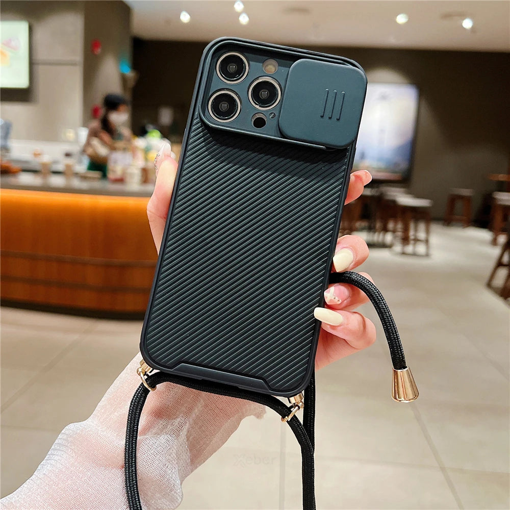 Slide Camera Protection Crossbody MagSafe iPhone Case with Lanyard – Magnetic Silicone Cover for iPhone 11–16 Pro/Pro Max