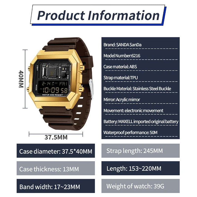SANDA 6216 Men's Digital Sport Watch - Square LED Display, Waterproof Alarm & Stopwatch