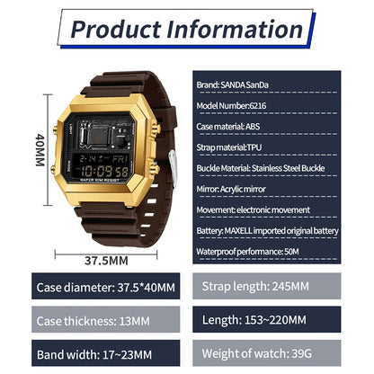 SANDA 6216 Men's Digital Sport Watch - Square LED Display, Waterproof Alarm & Stopwatch