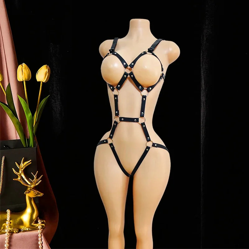 Women Black PU Leather Punk Lace-Up Bodysuit – Adjustable One-Piece Tight-Fit Fashion Harness Accessory