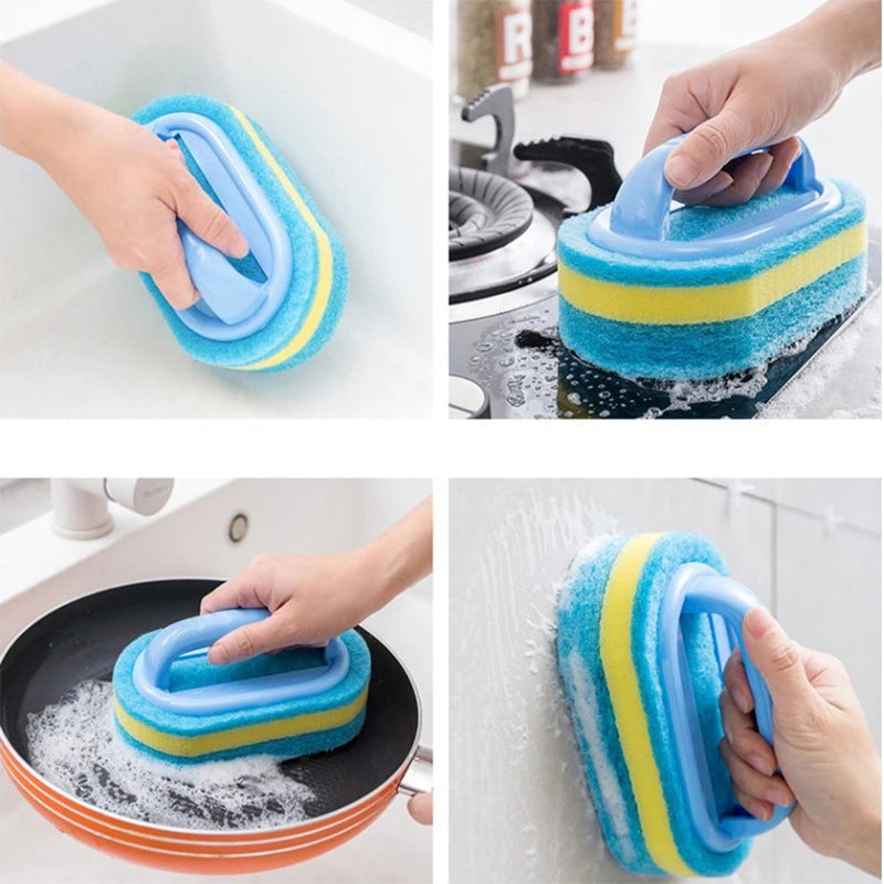 Kitchen and Bathroom Cleaning Brush with Handle – Thick Sponge Scrubber for Tile, Household Stains, and Surface Cleaning