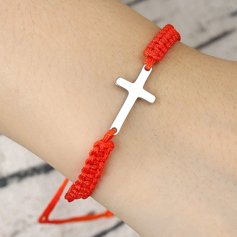 Adjustable Stainless Steel Cross Bracelet with Handwoven Colored Cord – Unisex Couple Friendship Jewelry