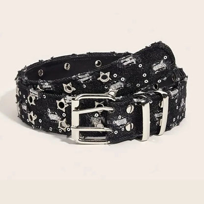 Y2K Punk Star Belt - Black Denim Hip Hop Hollow Buckle Waistband for Men & Women