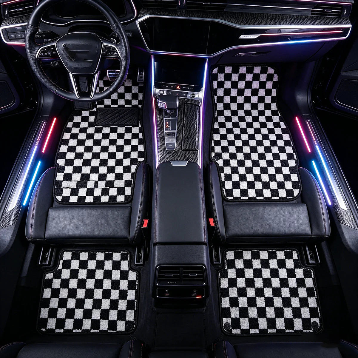 4PCS Universal Checkered Car Floor Mats - Anti-Slip Front & Rear Checkerboard Auto Carpet Foot Mats