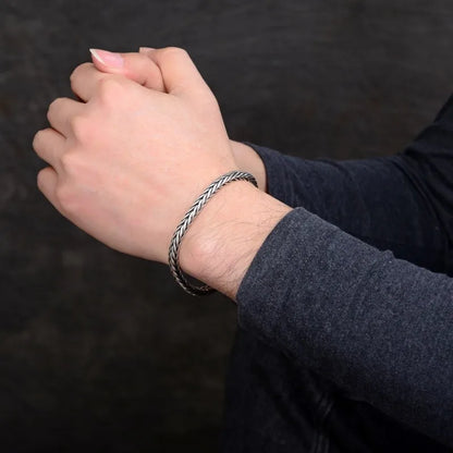 100% S925 Sterling Silver Handmade Woven Bracelet — Retro Domineering Style for Men & Women, Pure Silver Jewelry