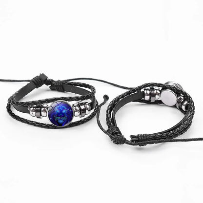 New Men's 12 Constellation Black Braided Leather Bracelet – Punk Style Zodiac Sign Multilayer Wrap Bracelet for Birthday Gifts