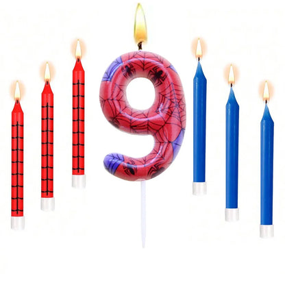 7Pcs Spider-Themed Number 4 Birthday Candles – Red & Blue Cartoon Cake Topper Decorations for Kids Party Supplies