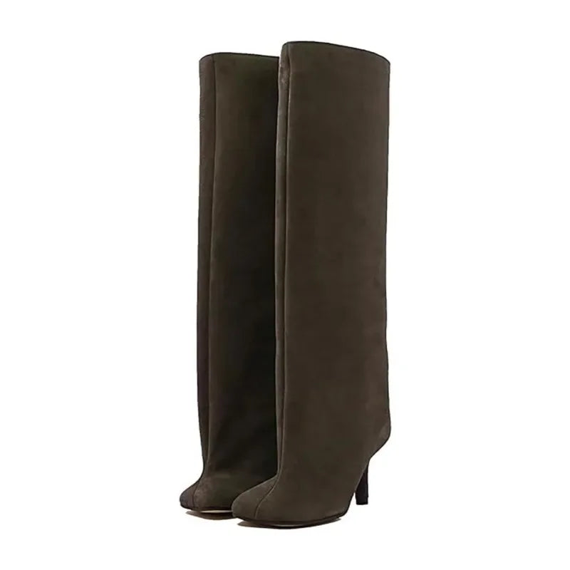 Women’s Suede Wide-Calf Knee-High Boots – Square Toe Stiletto Pull-On Riding Style Casual Chic Footwear