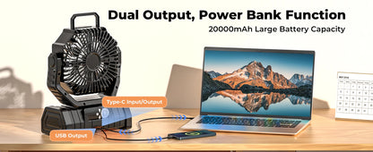 20000mAh Portable Camping Fan — Rechargeable Battery-Powered Outdoor Tent Fan with LED Light, Hanging Hook & 4-Speed Wind