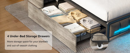 Queen Bed Frame with 4 Storage Drawers – Upholstered LED Bed with Bookcase Headboard, Type-C & USB Charging Station
