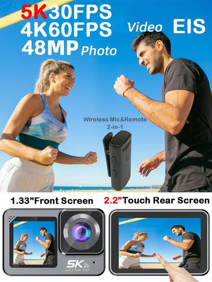 F6W Action Camera — 5K/4K60FPS, 48MP, 2.2" Touch LCD, EIS, Dual Screen, Wi-Fi, 170° Waterproof 30M, 8X Zoom Sports Camera with Wireless Mic