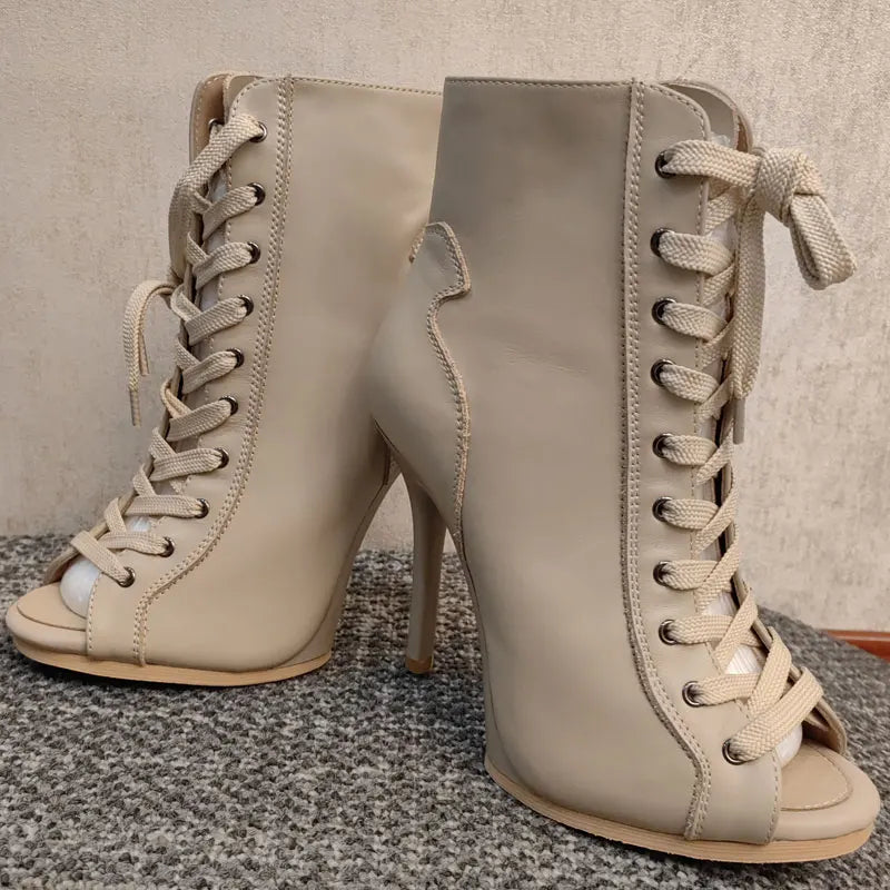 Women’s Genuine Leather Dance Boots - European Style Open Toe Thin High Heel Jazz Dance Shoes
