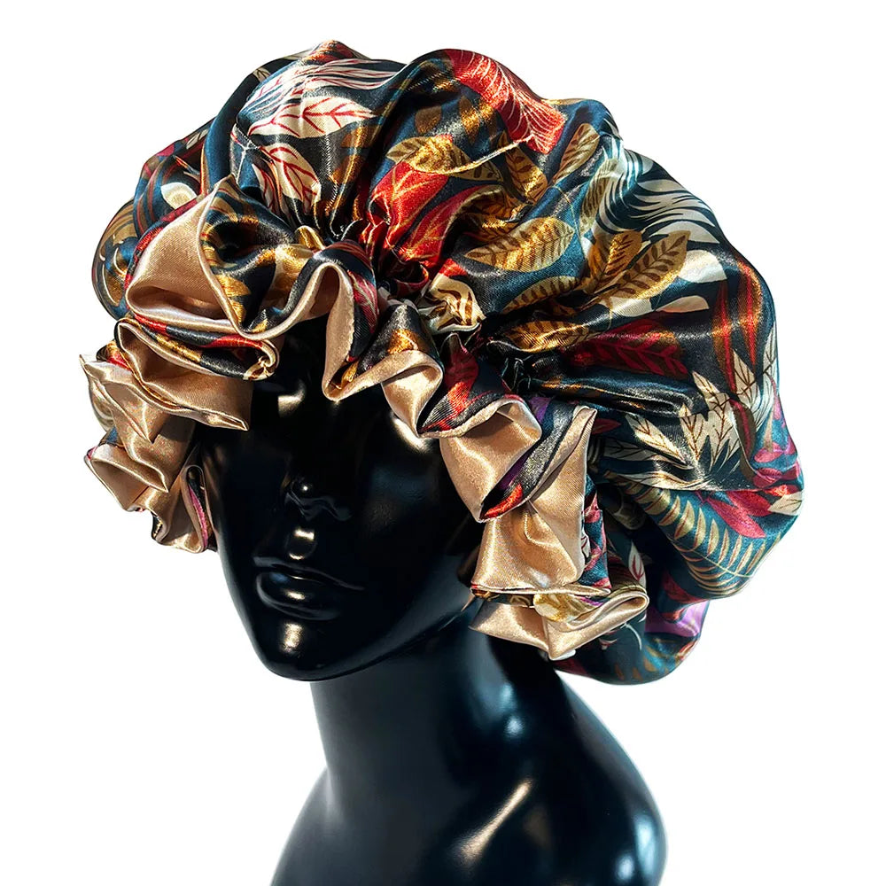 Women’s Satin Bonnet Cap – Double Layer Silky Big Bonnet, Printed Sleep Cap & Head Wrap for Ladies