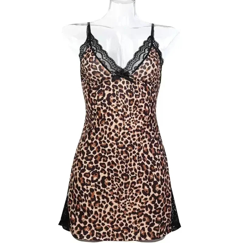 Women’s Leopard Print Lace Nightgown - Sexy V-Neck Mini Sleepwear Nightshirt Pajama Dress