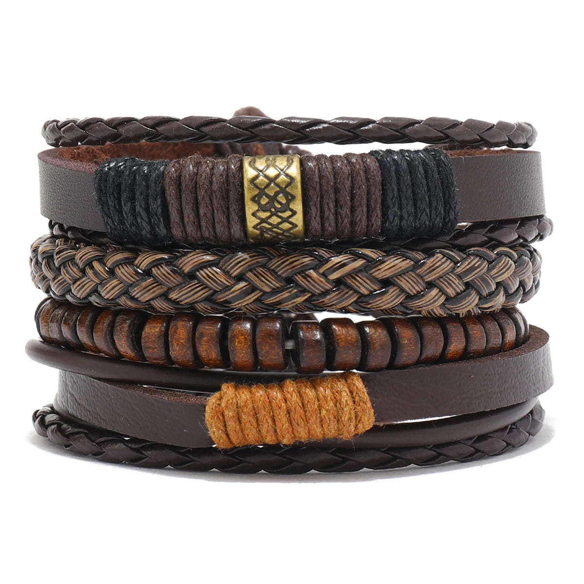 4Pcs Men's Braided Leather Bracelets Set – Vintage Life Tree & Rudder Charms, Wood Beads, Ethnic Tribal Wristbands