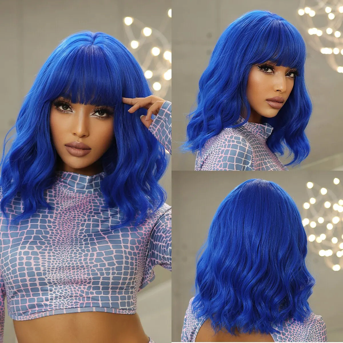 Women’s Grey Wavy Bob Wig with Bangs — Short Blonde Ombre Synthetic Hair with Dark Roots for Daily Wear