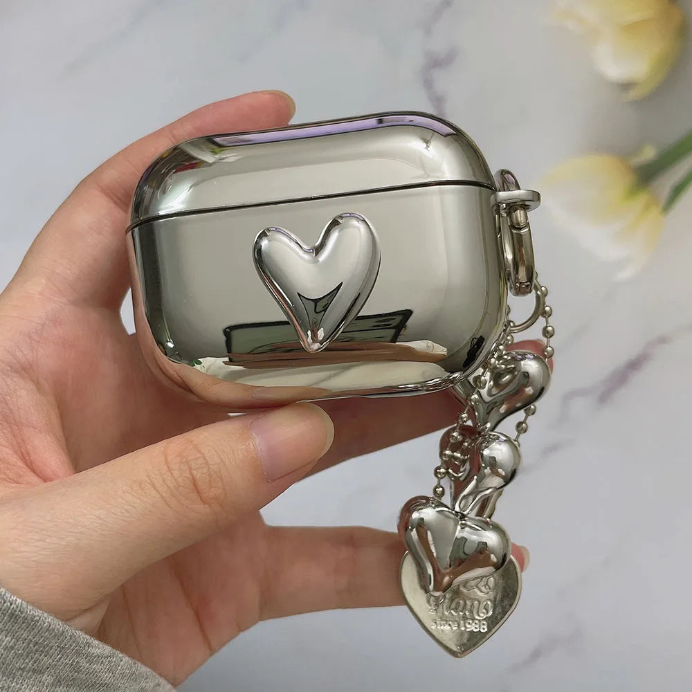 Electroplated Silver AirPods Case - Soft TPU Mirror Finish Cover with Heart Keychain for AirPods 1/2/3/4/5 & Pro 2