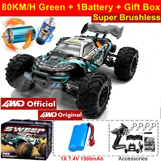 4WD Remote Control Car – Off-Road 4x4 RC High-Speed Buggy Truck, Brushless 50/80KM/H Drift Racing Toy for Kids & Adults
