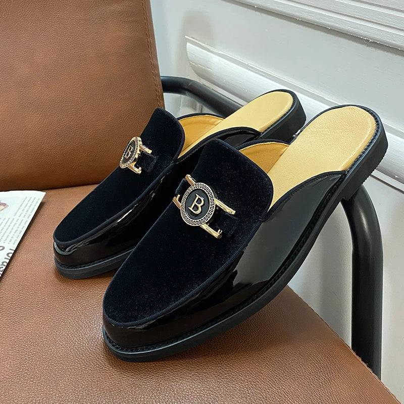 Men’s Suede Half Slippers - Patchwork Casual Metal Buckle Breathable Mules Driving Moccasin Shoes