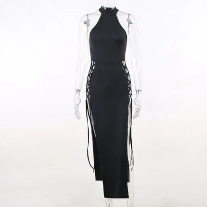 Gothic Dark Cosplay Dress – High Split Y2K Bandage Halter Slim Midi Black Grunge Partywear