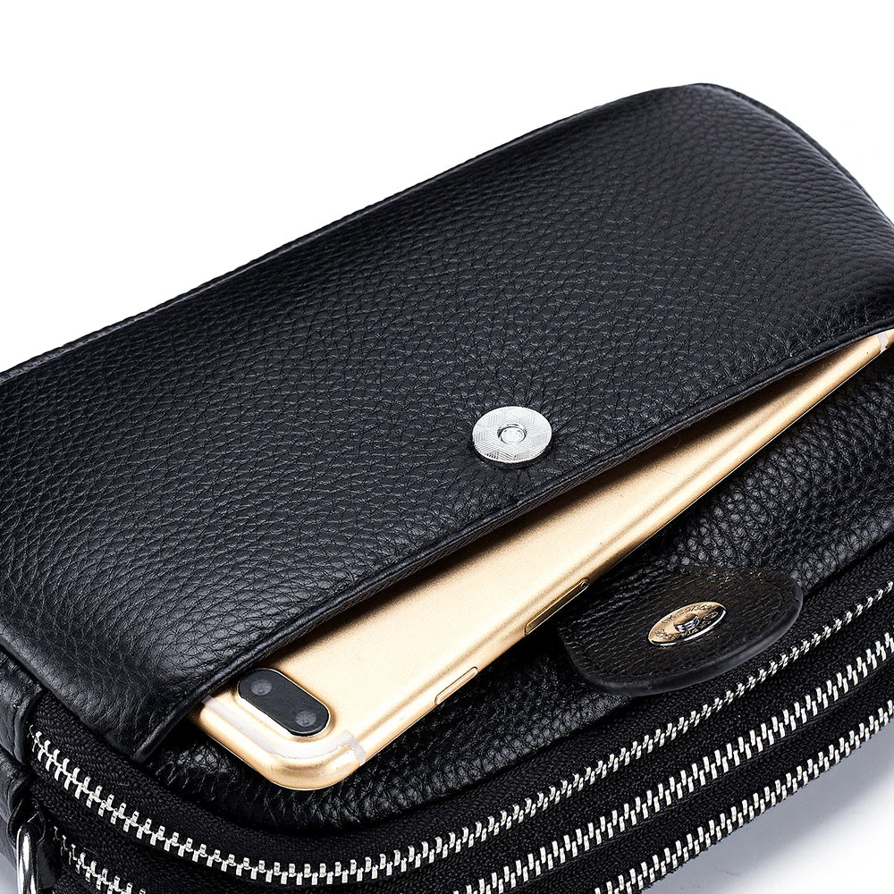 Real Leather Women’s Shoulder Bag - Mini Crossbody Purse with Three Zipper Pockets