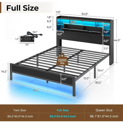 Rolanstar Full Size Metal Bed Frame with LED Headboard, Bookcase Storage, Charging Station & Glass Shelf