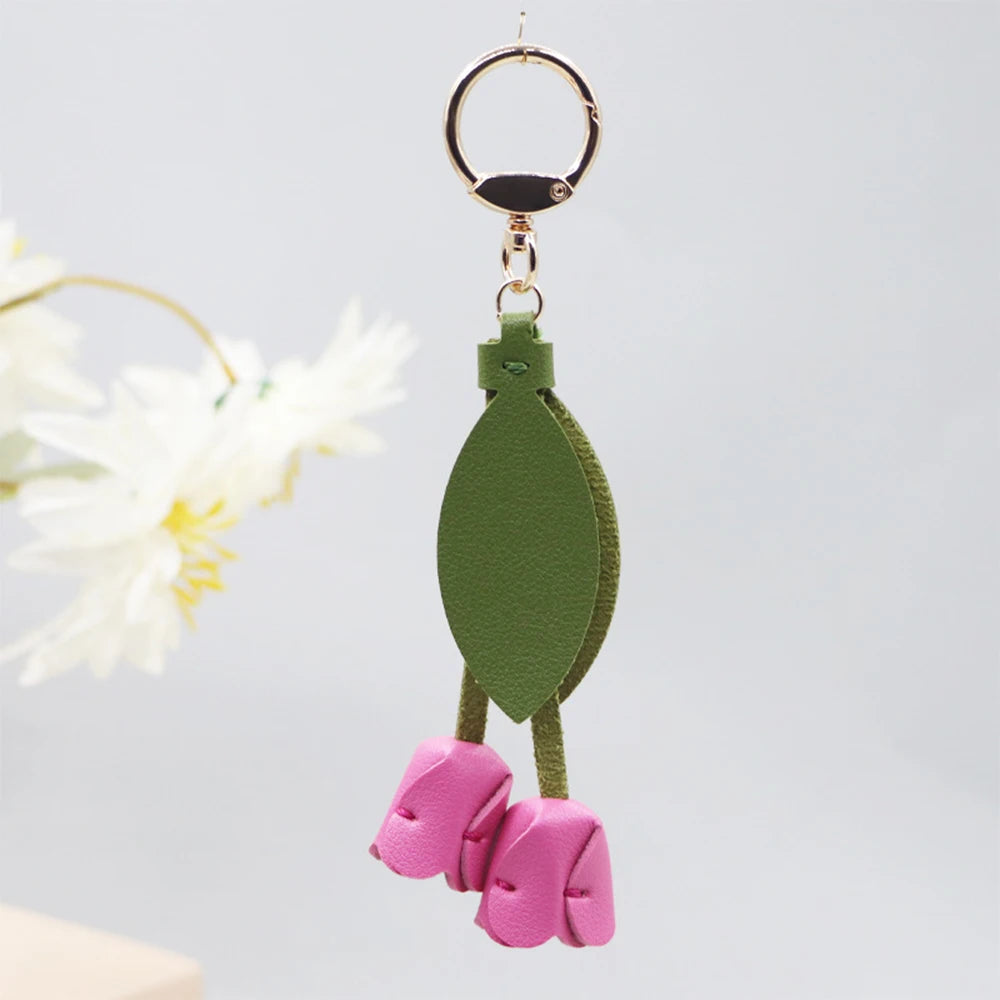 Fashion Tulip PU Leather Bag Charm Keychain – Cute Flower & Leaf Pendant, Creative Handbag Decoration Gift for Family & Friends