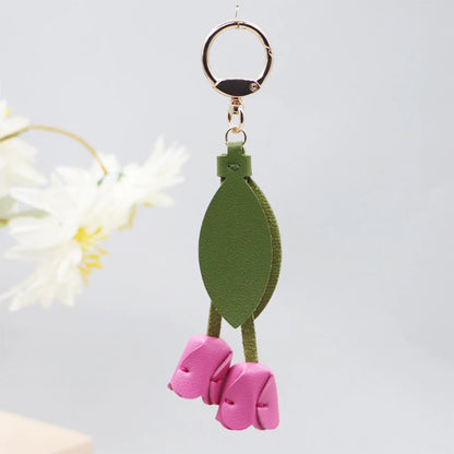 Fashion Tulip PU Leather Bag Charm Keychain – Cute Flower & Leaf Pendant, Creative Handbag Decoration Gift for Family & Friends