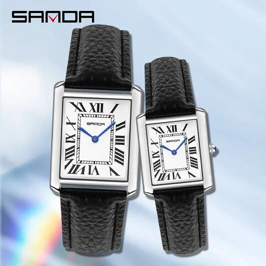 SANDA Couple Watch – 30M Waterproof, Casual Fashion, Quartz with Wear-Resistant Leather Strap, Square Dial Design