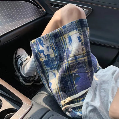Green Tie-Dye Plaid Shorts - Men's Retro Loose Fit Summer Casual Jorts