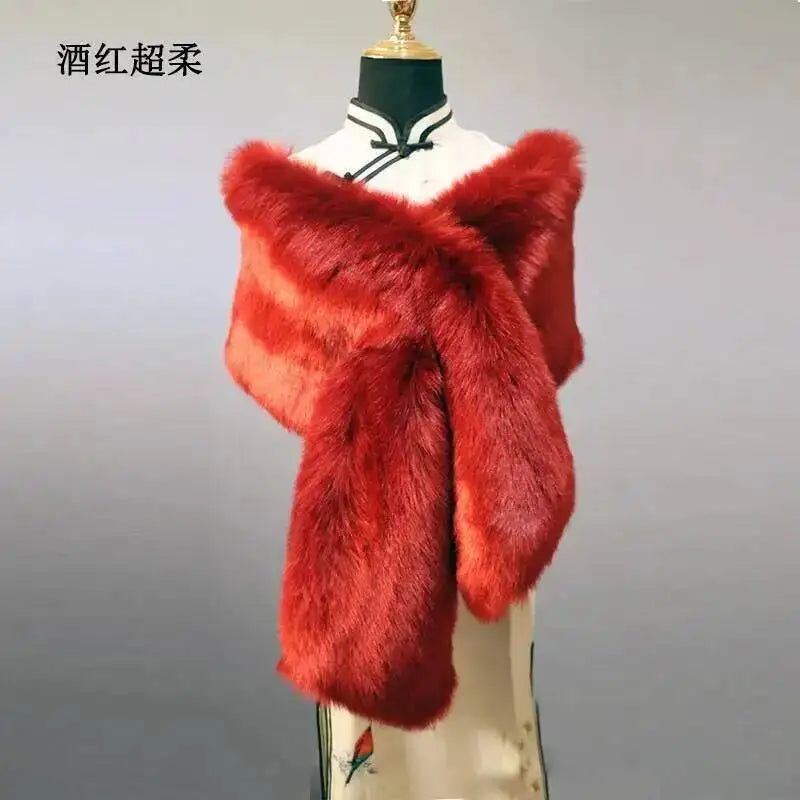 32-Color Luxury Faux Fox Fur Shawl – Women’s Plush Winter Scarf, Wrap & Cape for Wedding & Coat