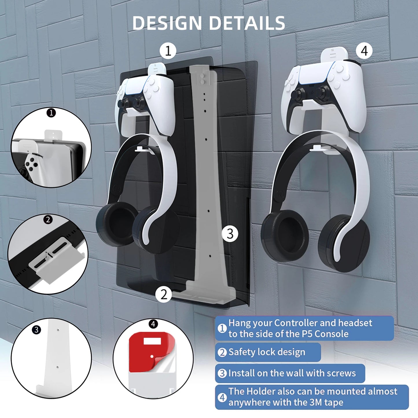 Steel Wall Mount Bracket for PS5 Slim – Stable Metal Wall Stand with Controller & Headphone Holder P5227