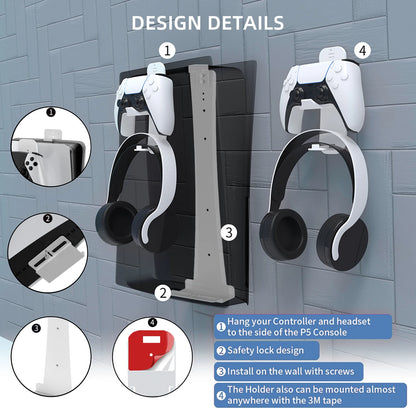 Steel Wall Mount Bracket for PS5 Slim – Stable Metal Wall Stand with Controller & Headphone Holder P5227