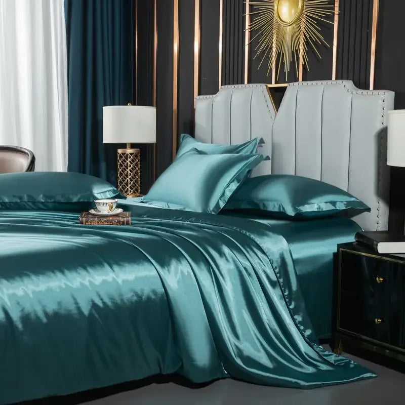 Nordic Silk Bedding Set With Duvet Cover - Luxury Solid Color Bed Sheet & Pillowcase Set For Single Double Couple Summer Bed Linen