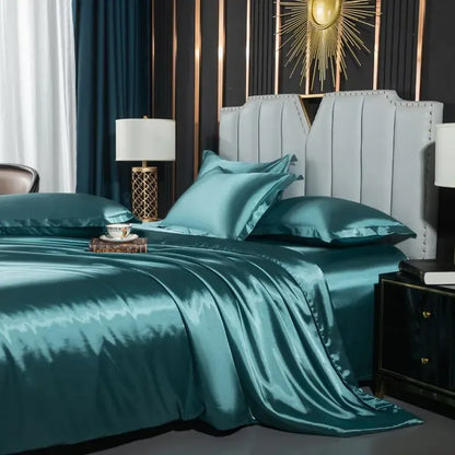 Nordic Silk Bedding Set With Duvet Cover - Luxury Solid Color Bed Sheet & Pillowcase Set For Single Double Couple Summer Bed Linen