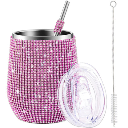 12oz Diamond Wine Tumbler with Sealed Lid - Vacuum Thermo Beer Mug, Stainless Steel Champagne Cup - Perfect for Parties and Bridesmaid Gifts