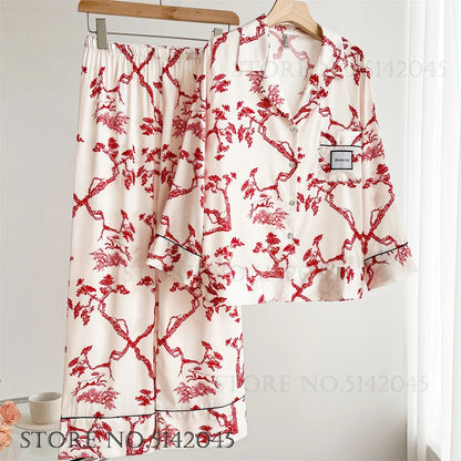 Fashion Floral Print Satin Pajamas Set for Women – Spring Summer Loose Sleepwear Loungewear Homewear Suit