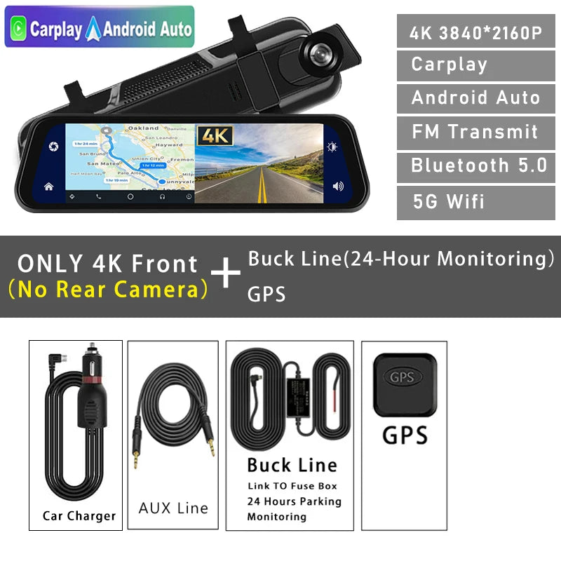 4K 2160P Dash Cam – Car DVR with CarPlay, Android Auto, Rearview Mirror Streaming, GPS, 5G WiFi, FM Radio, AUX