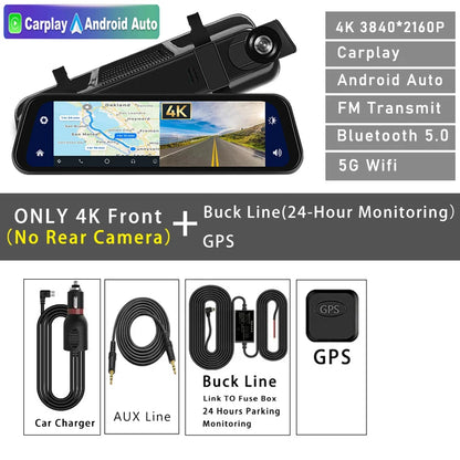 4K 2160P Dash Cam – Car DVR with CarPlay, Android Auto, Rearview Mirror Streaming, GPS, 5G WiFi, FM Radio, AUX