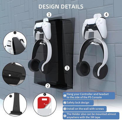 Steel Wall Mount Bracket for PS5 Slim – Stable Metal Wall Stand with Controller & Headphone Holder P5227